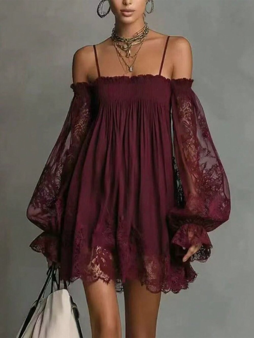 Red Chic Women's Spaghetti Strap Off-Shoulder Puff Sleeve Ruffle Hem Mini Dress
